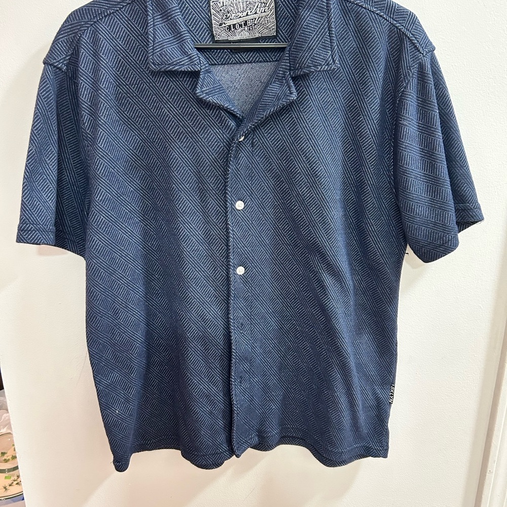 Brooklyn Cloth Mens Navy Blue Textured Diagonal Stripe‎ Camp Collar Shirt Medium